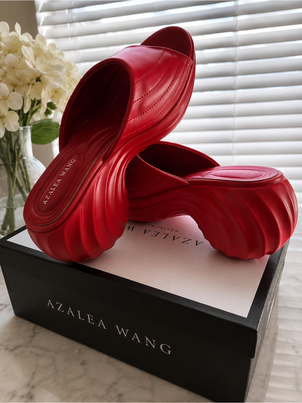 Azalea Wang Red Sculpted Platform Slide Mules
